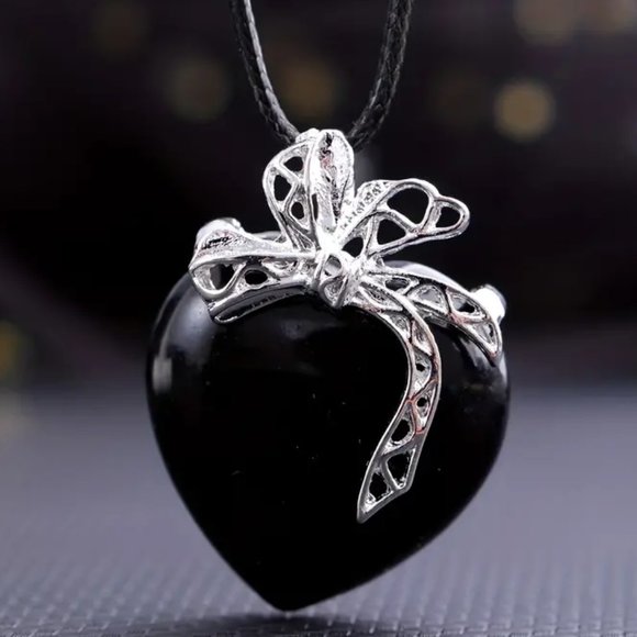 Black Obsidian Natural Gemstone Love Heart Bow Knot Pendant Necklace Gemstone - Picture 1 of 3